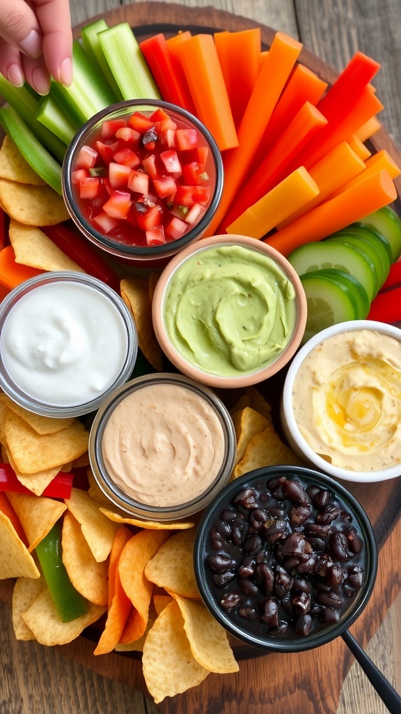 Quick and Easy Appetizer Dips An assortment of appetizer dips served with chips and vegetables on a wooden platter.